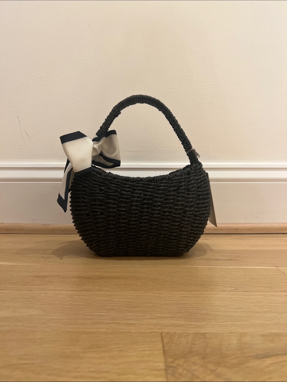 Straw Mini Bag with Bow - A New Day Black Woven Paper Straw Structured